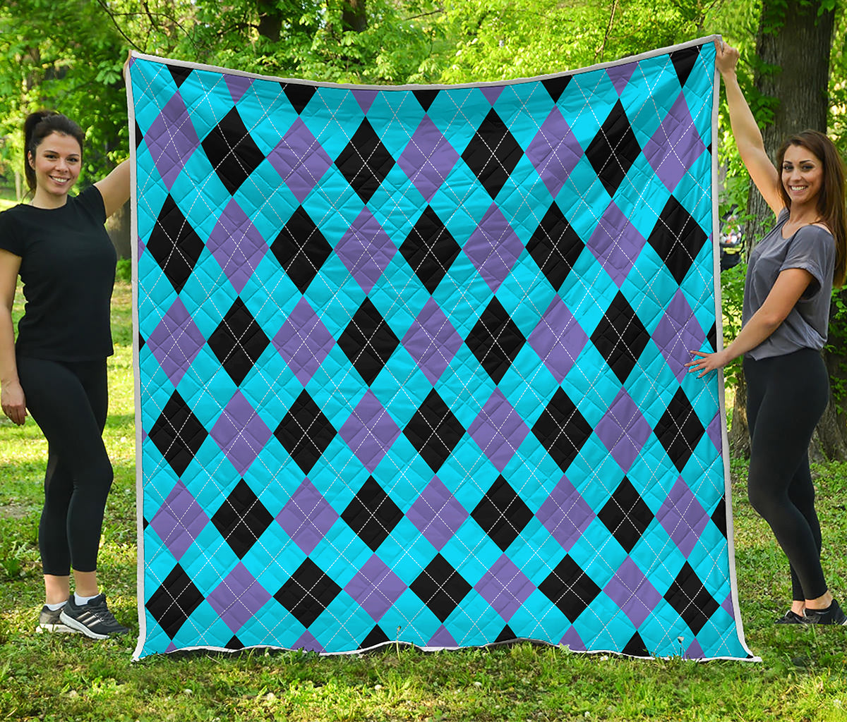 Blue Purple And Black Argyle Print Quilt