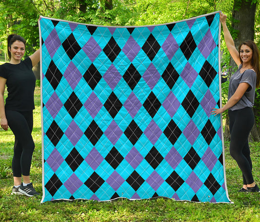 Blue Purple And Black Argyle Print Quilt