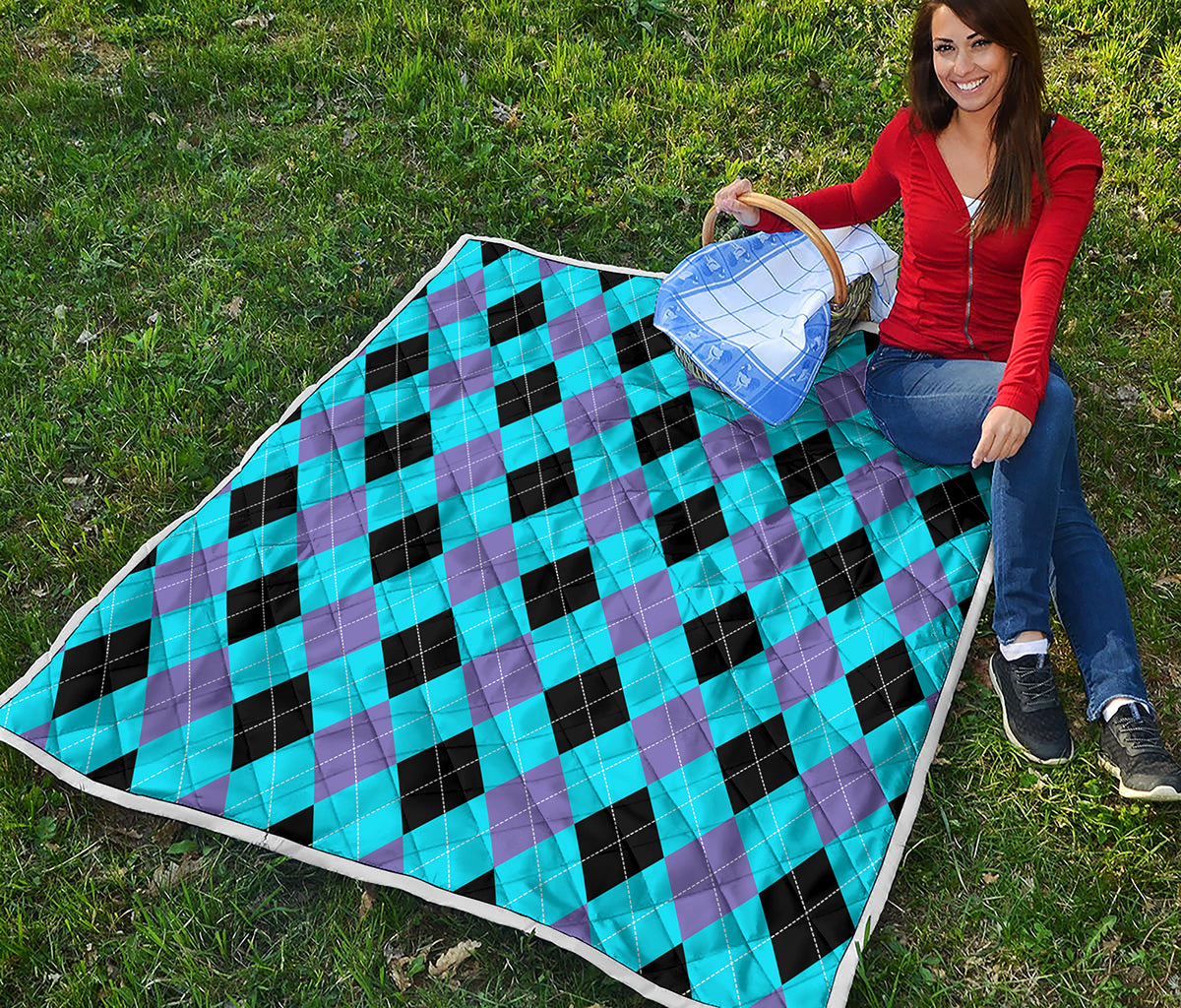Blue Purple And Black Argyle Print Quilt