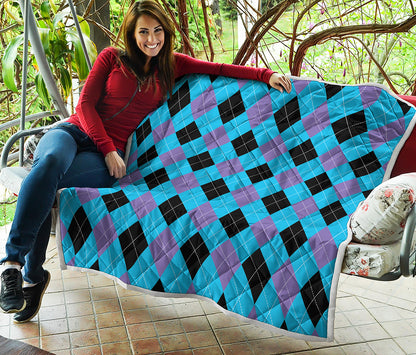 Blue Purple And Black Argyle Print Quilt