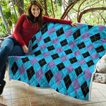 Blue Purple And Black Argyle Print Quilt