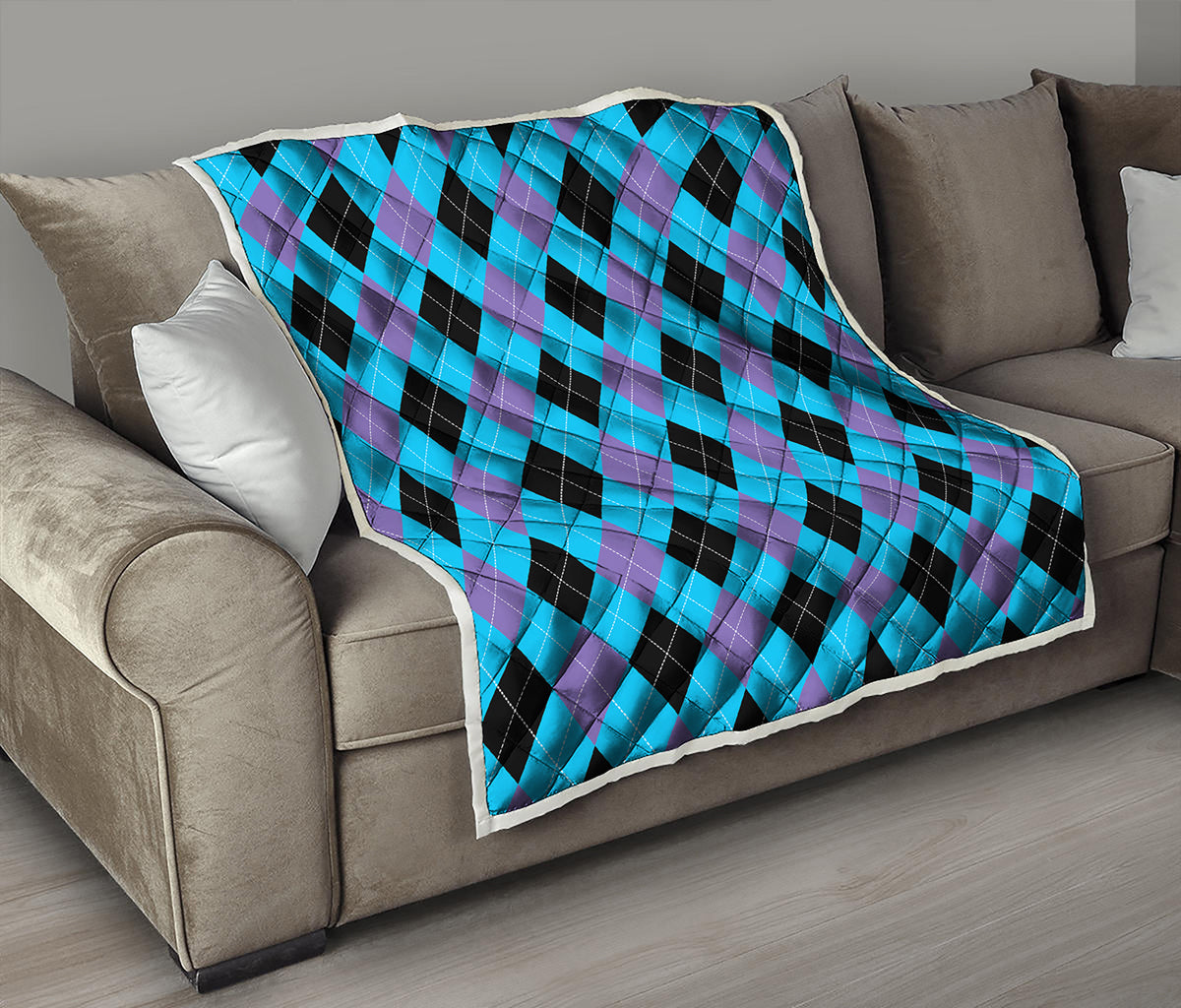 Blue Purple And Black Argyle Print Quilt