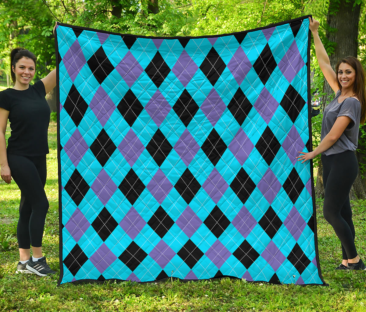 Blue Purple And Black Argyle Print Quilt