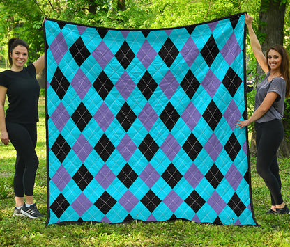 Blue Purple And Black Argyle Print Quilt