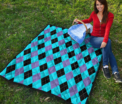Blue Purple And Black Argyle Print Quilt