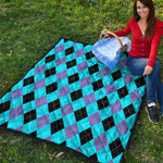 Blue Purple And Black Argyle Print Quilt