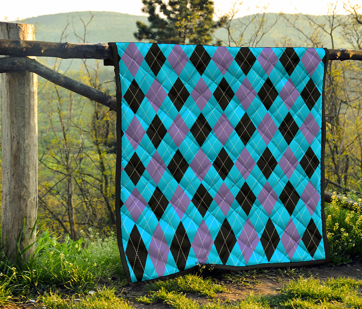 Blue Purple And Black Argyle Print Quilt