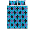Blue Purple And Black Argyle Print Quilt Bed Set