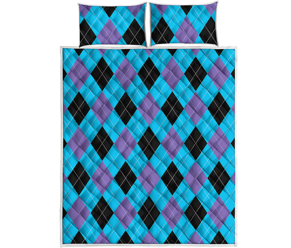 Blue Purple And Black Argyle Print Quilt Bed Set