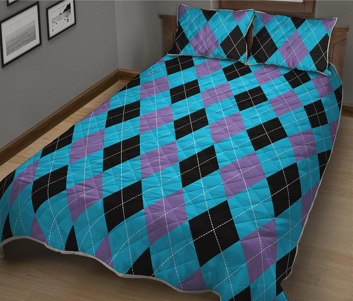 Blue Purple And Black Argyle Print Quilt Bed Set