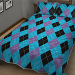 Blue Purple And Black Argyle Print Quilt Bed Set