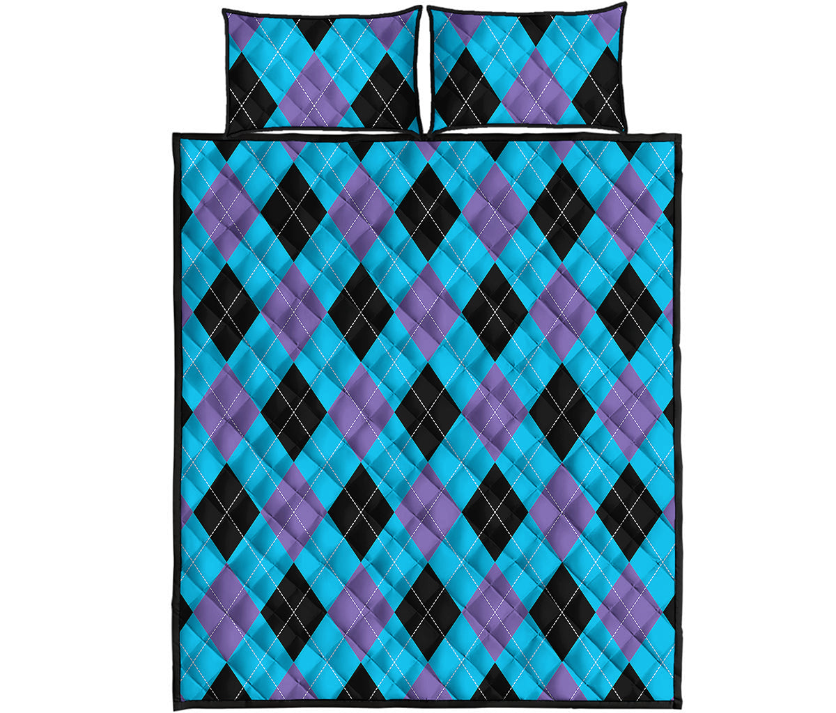Blue Purple And Black Argyle Print Quilt Bed Set