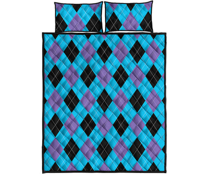 Blue Purple And Black Argyle Print Quilt Bed Set