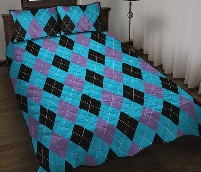 Blue Purple And Black Argyle Print Quilt Bed Set