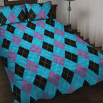 Blue Purple And Black Argyle Print Quilt Bed Set