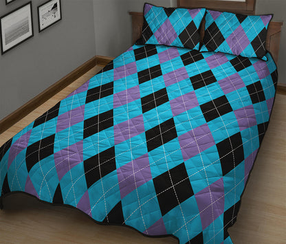 Blue Purple And Black Argyle Print Quilt Bed Set