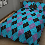 Blue Purple And Black Argyle Print Quilt Bed Set