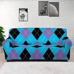 Blue Purple And Black Argyle Print Sofa Cover