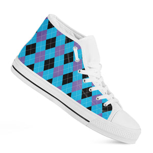 Blue Purple And Black Argyle Print White High Top Shoes