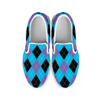 Blue Purple And Black Argyle Print White Slip On Shoes