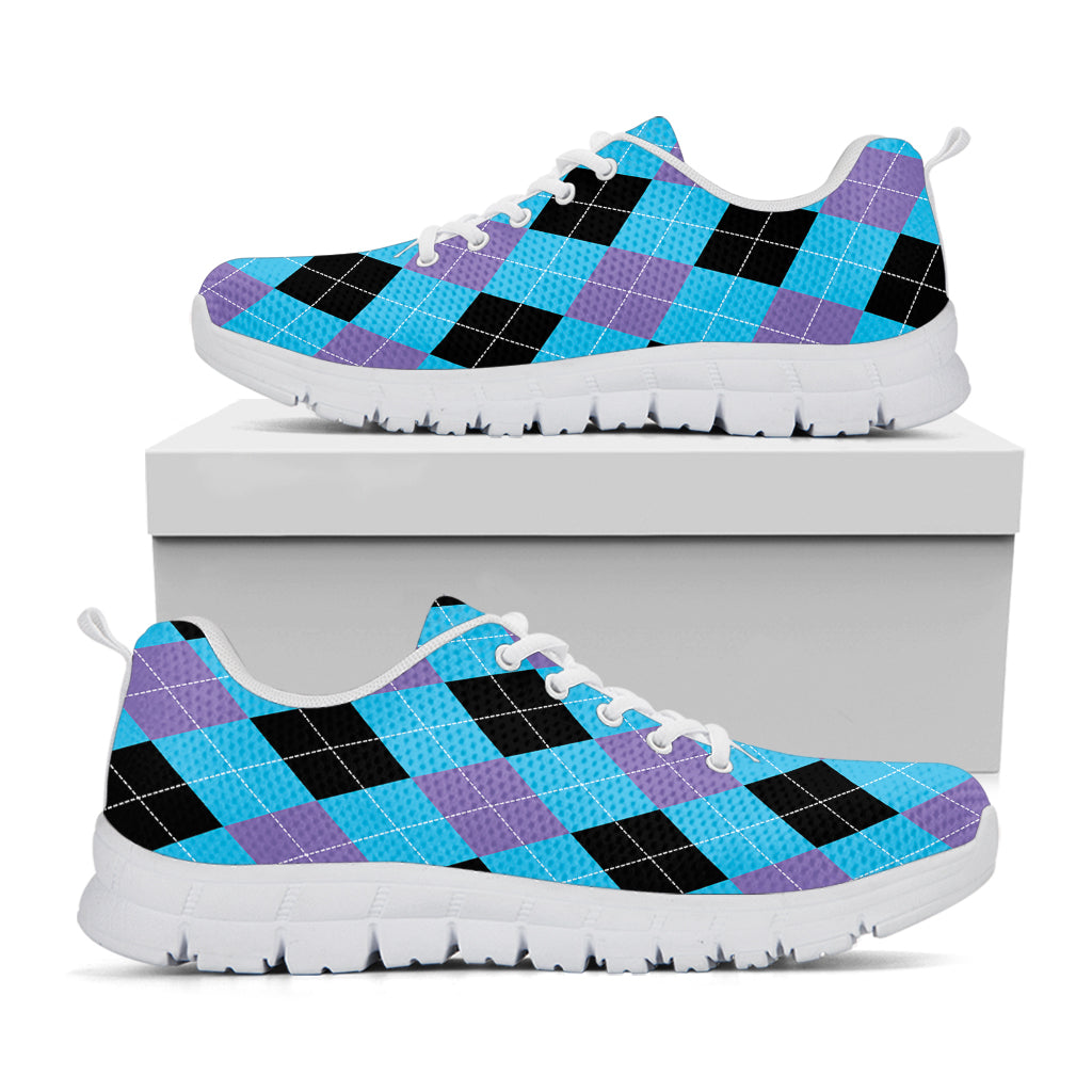 Blue Purple And Black Argyle Print White Sneakers