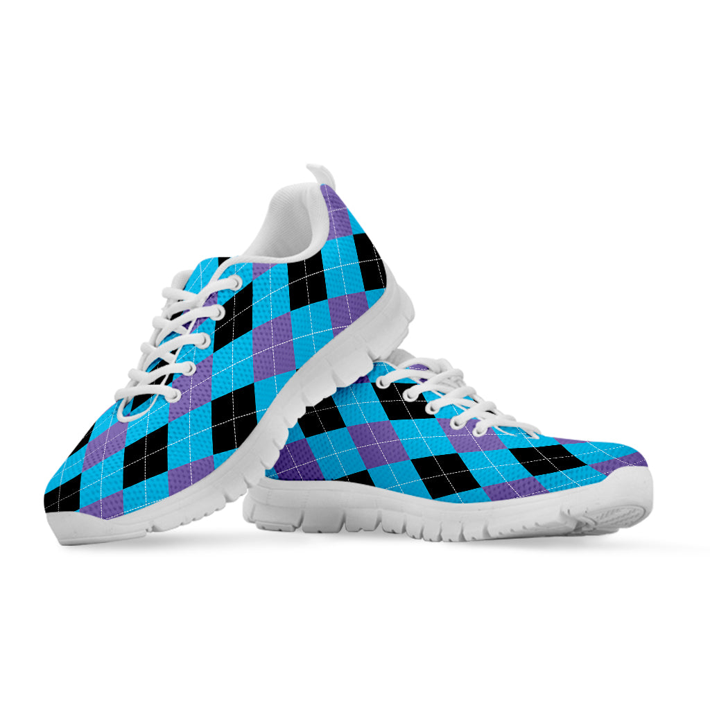 Blue Purple And Black Argyle Print White Sneakers