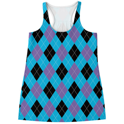 Blue Purple And Black Argyle Print Women's Racerback Tank Top