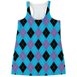 Blue Purple And Black Argyle Print Women's Racerback Tank Top