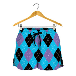 Blue Purple And Black Argyle Print Women's Shorts