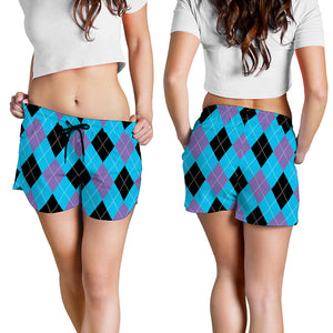 Blue Purple And Black Argyle Print Women's Shorts