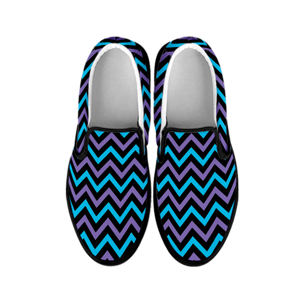 Blue Purple And Black Chevron Print Black Slip On Shoes
