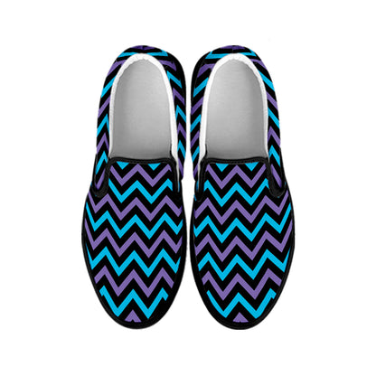 Blue Purple And Black Chevron Print Black Slip On Shoes