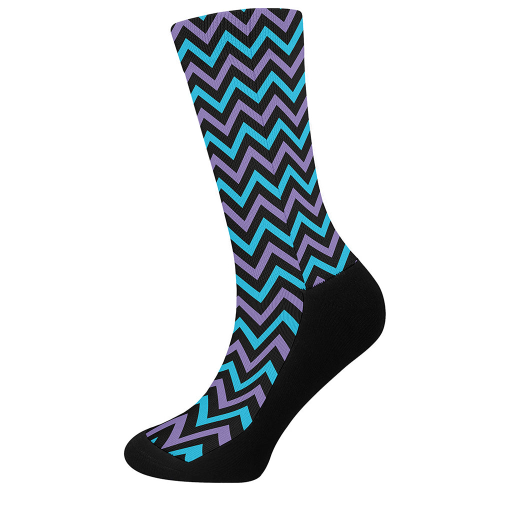 Blue Purple And Black Chevron Print Crew Socks