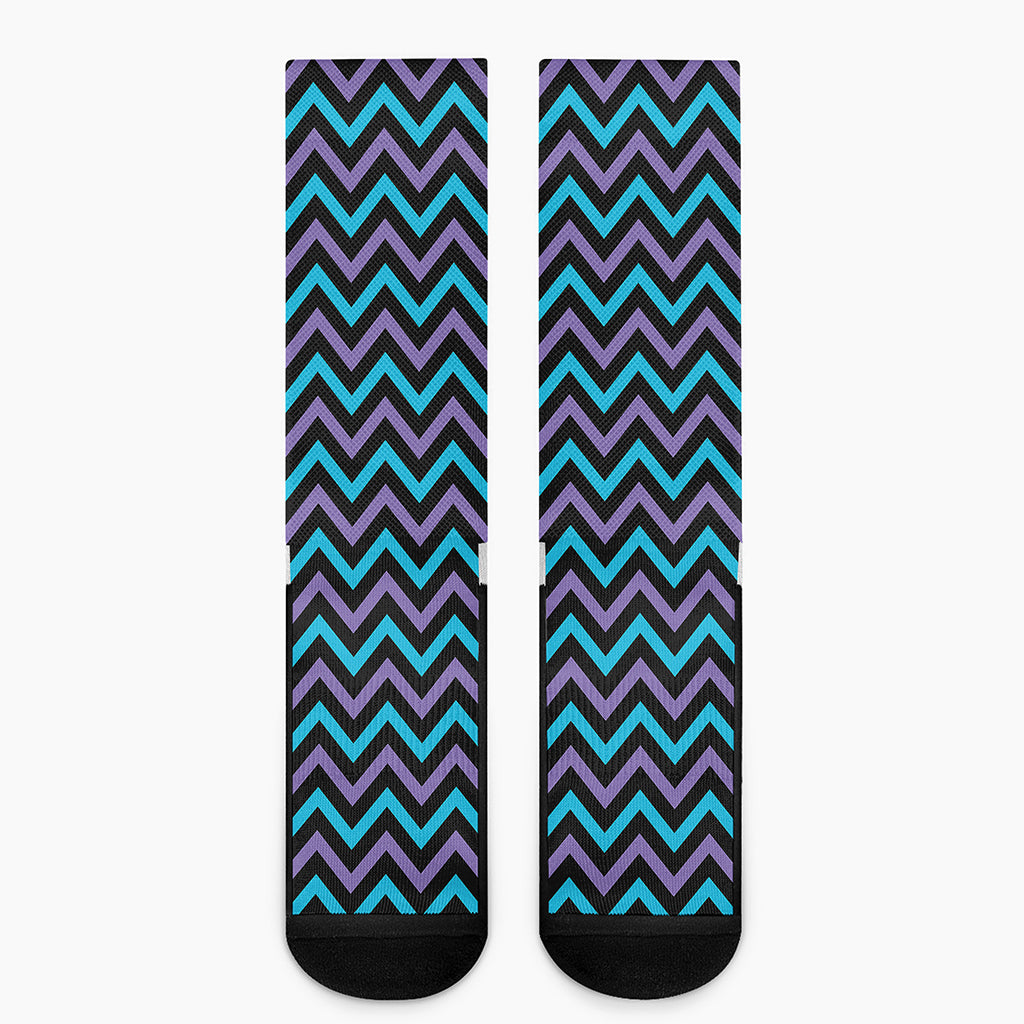 Blue Purple And Black Chevron Print Crew Socks