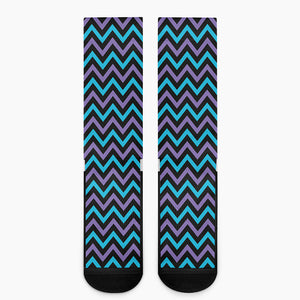 Blue Purple And Black Chevron Print Crew Socks