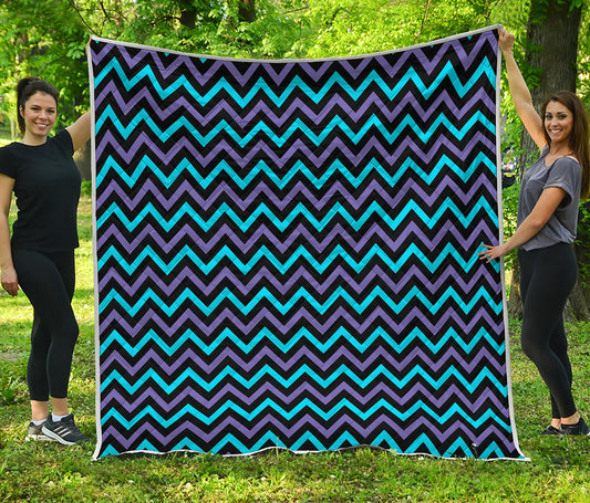 Blue Purple And Black Chevron Print Quilt