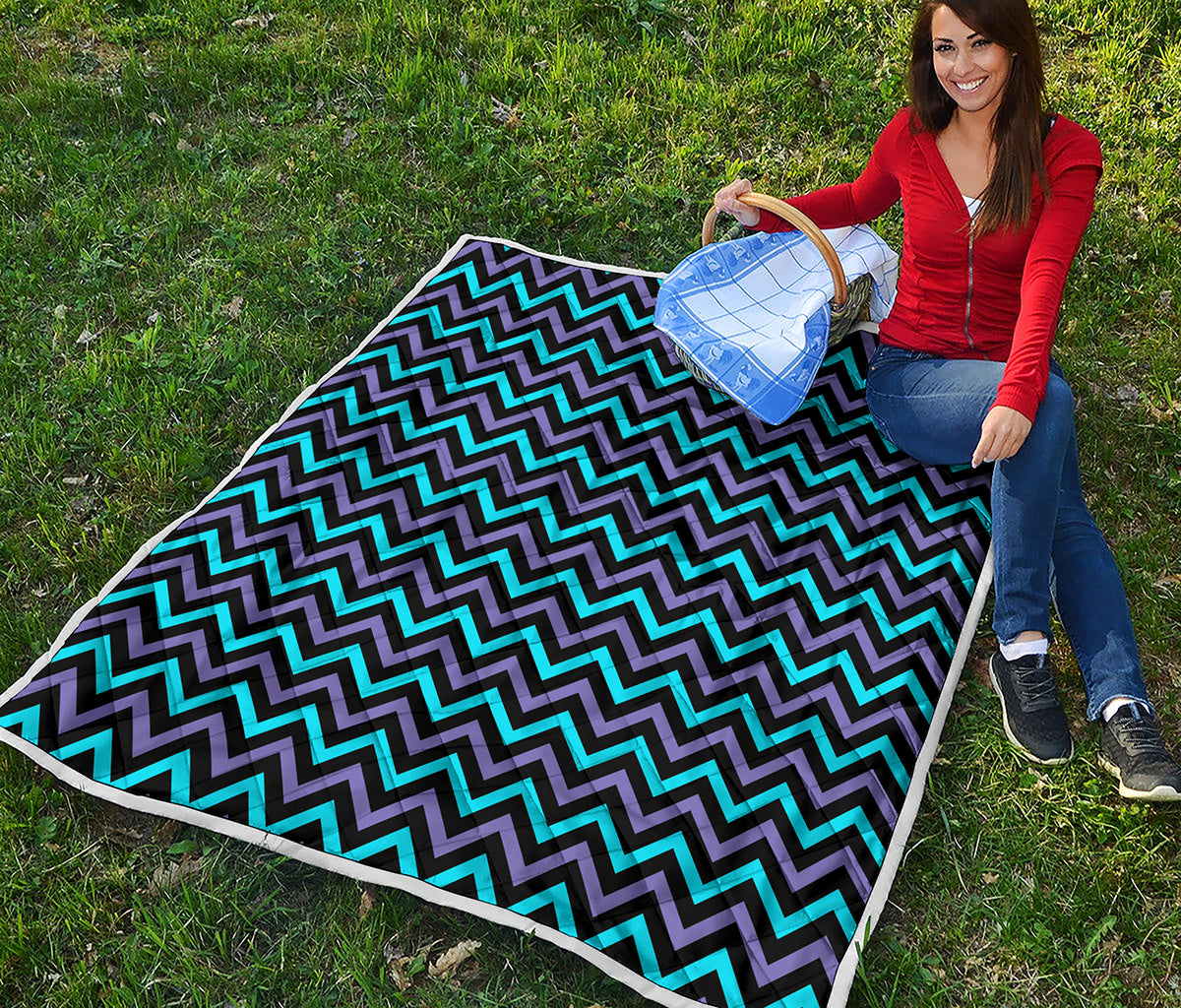 Blue Purple And Black Chevron Print Quilt