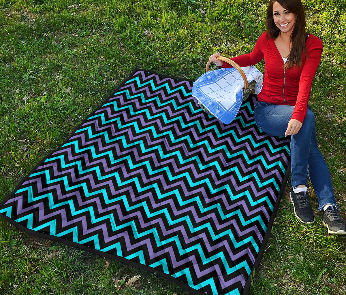 Blue Purple And Black Chevron Print Quilt