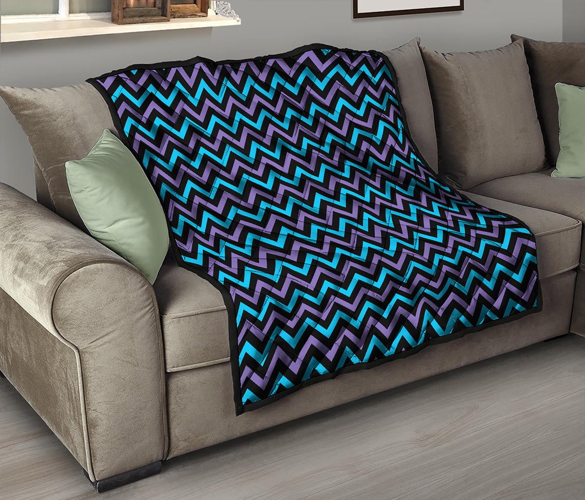 Blue Purple And Black Chevron Print Quilt