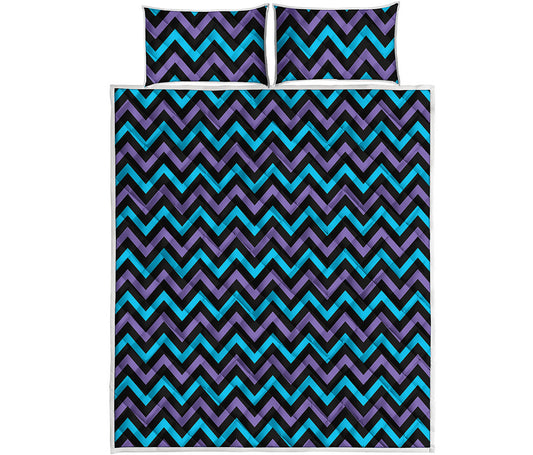 Blue Purple And Black Chevron Print Quilt Bed Set