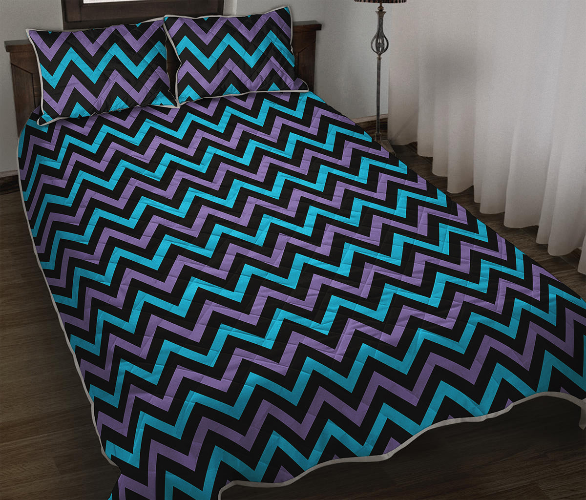Blue Purple And Black Chevron Print Quilt Bed Set
