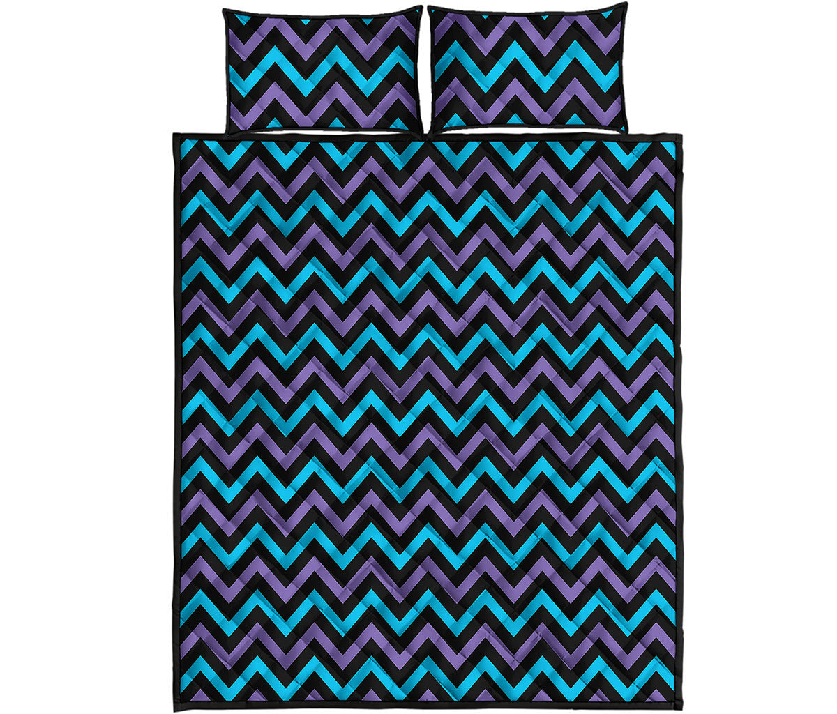 Blue Purple And Black Chevron Print Quilt Bed Set