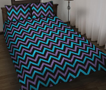 Blue Purple And Black Chevron Print Quilt Bed Set