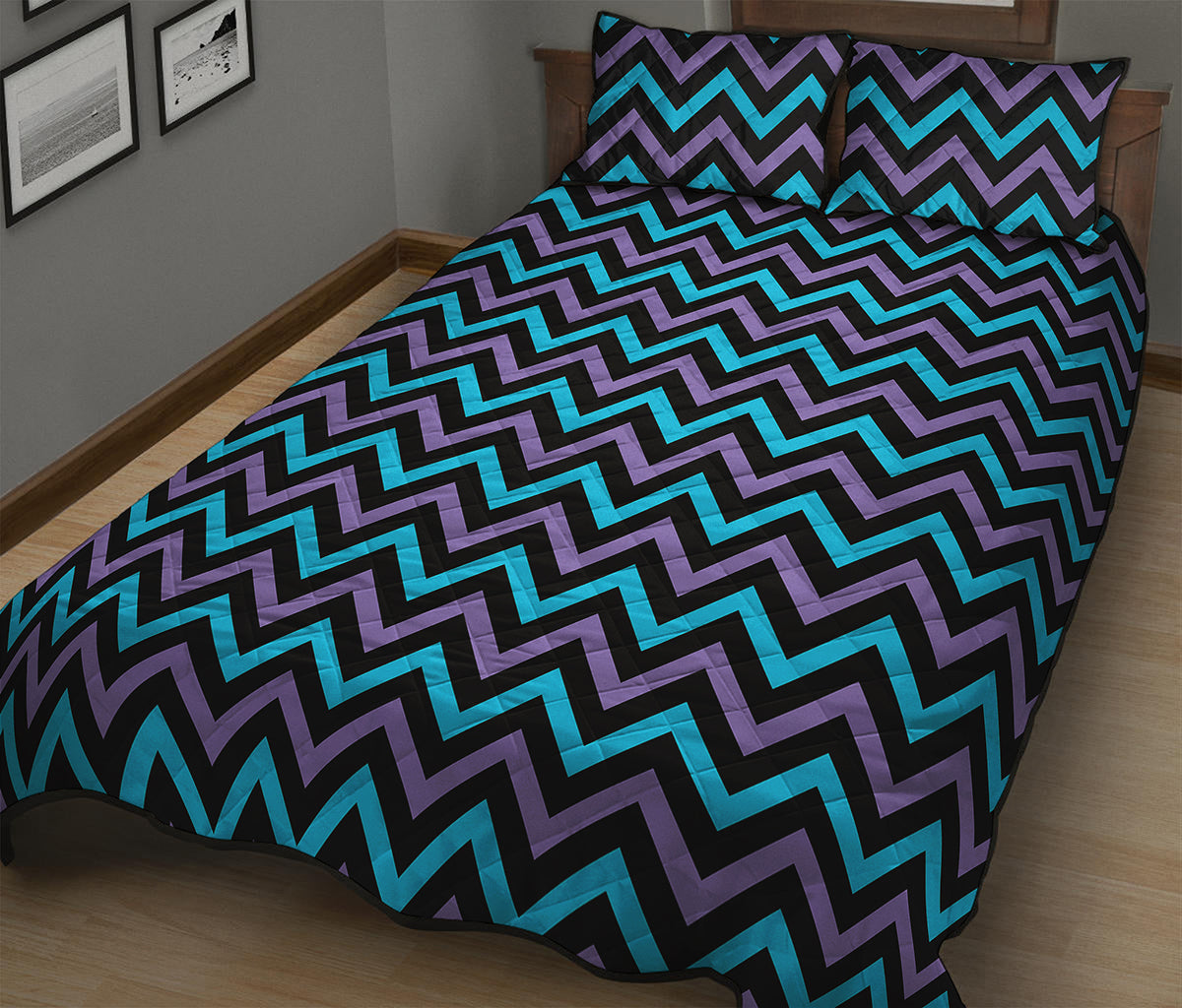 Blue Purple And Black Chevron Print Quilt Bed Set