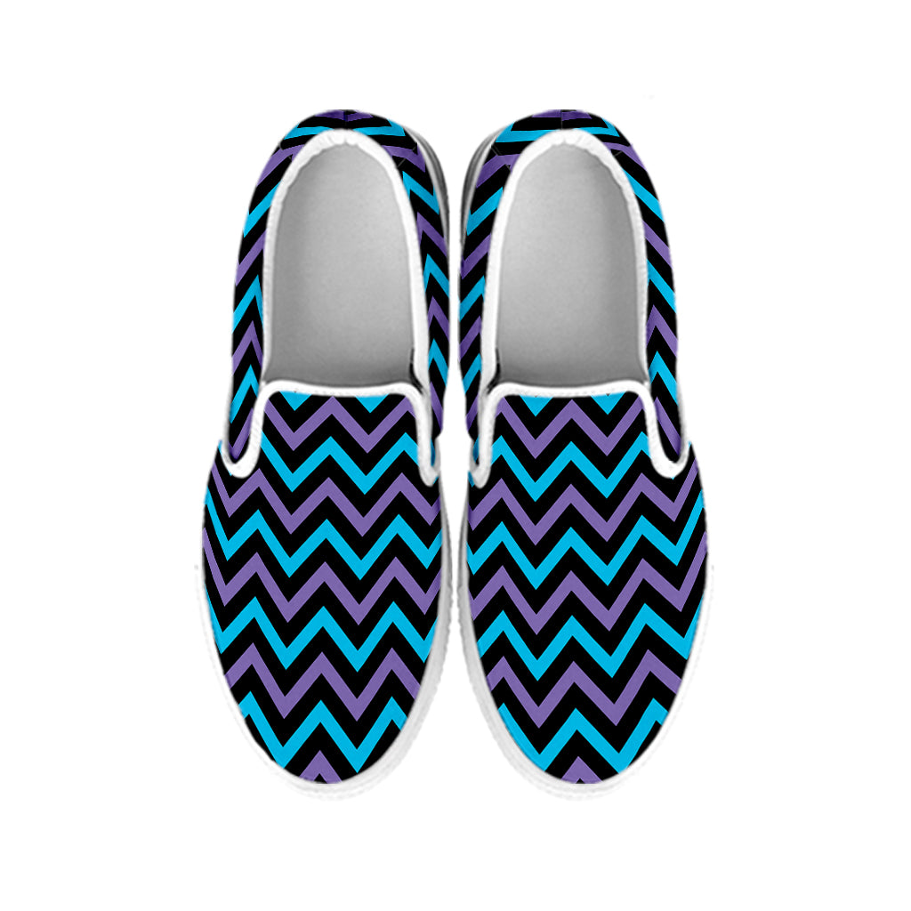 Blue Purple And Black Chevron Print White Slip On Shoes