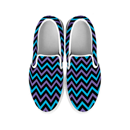 Blue Purple And Black Chevron Print White Slip On Shoes