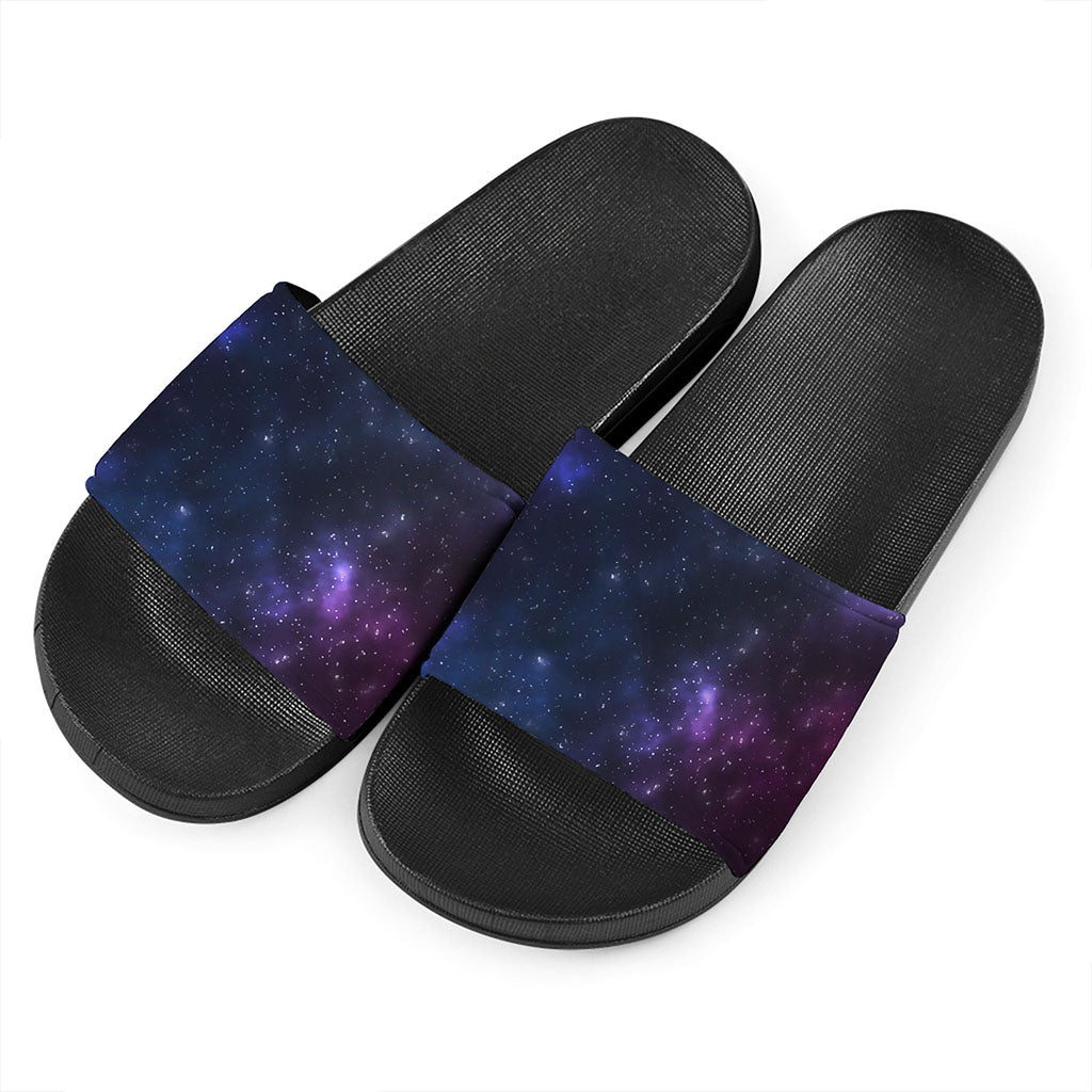Blue Purple Cosmic Galaxy Space Print Black Slide Sandals