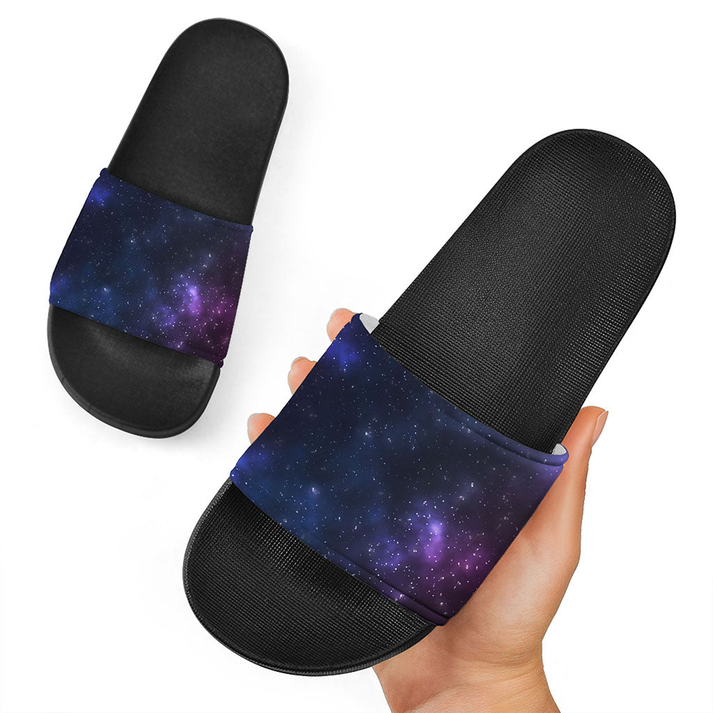 Blue Purple Cosmic Galaxy Space Print Black Slide Sandals