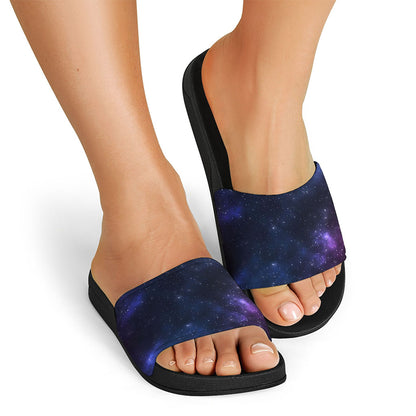 Blue Purple Cosmic Galaxy Space Print Black Slide Sandals