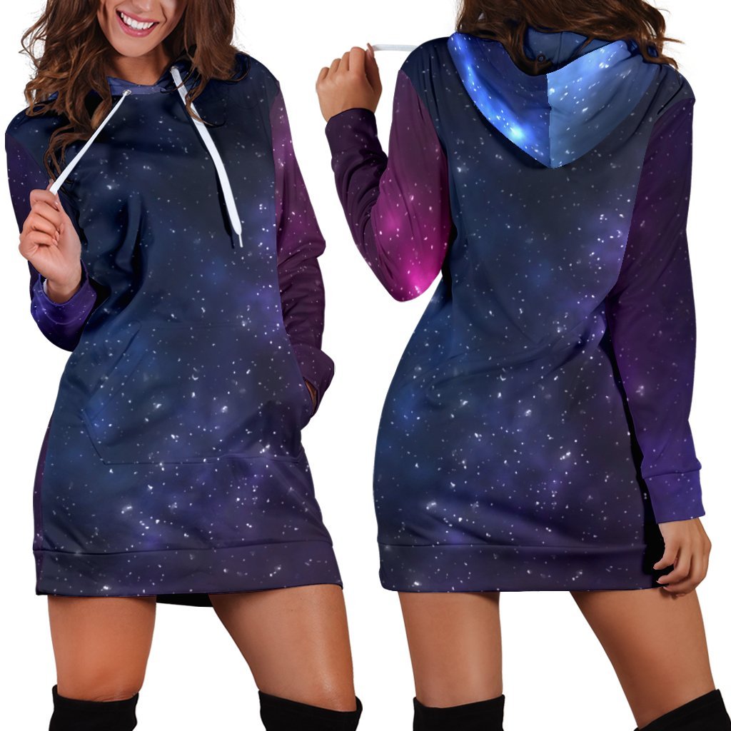 Blue Purple Cosmic Galaxy Space Print Hoodie Dress GearFrost